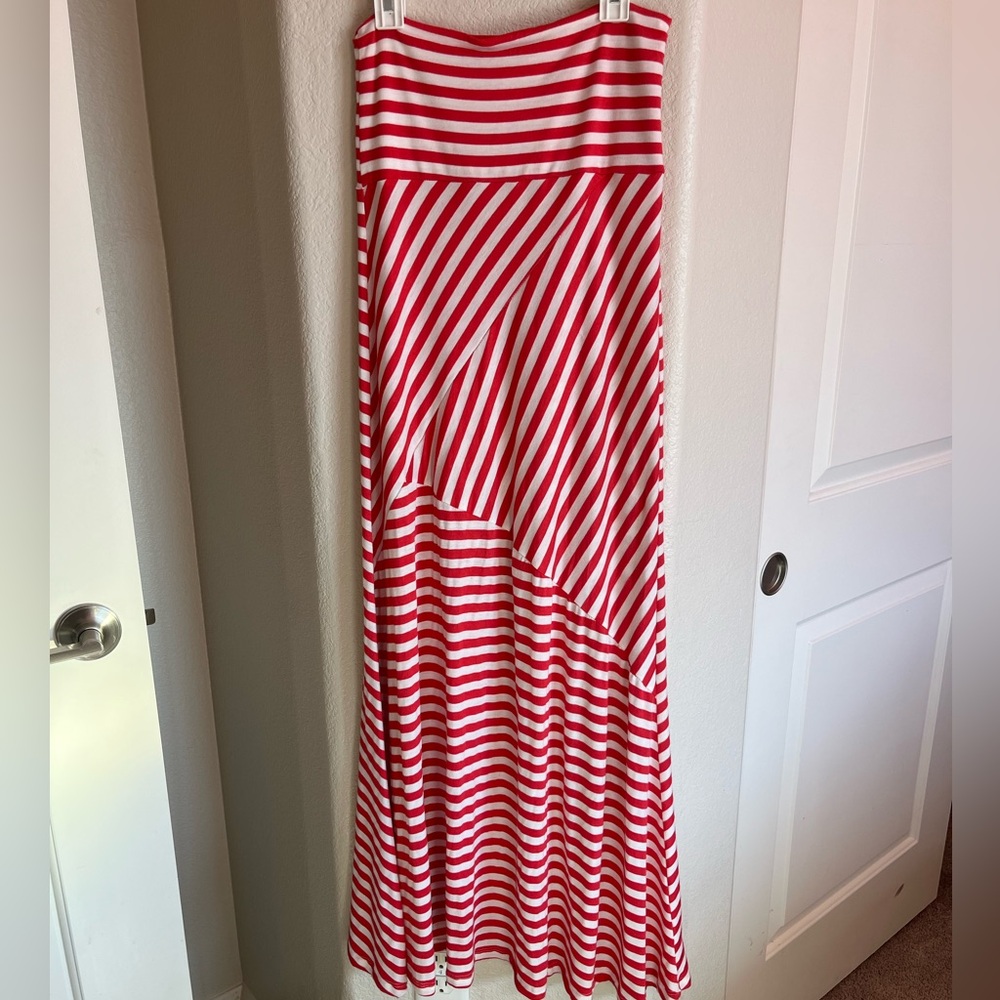 Promesa Coral and White Striped Maxi Skirt